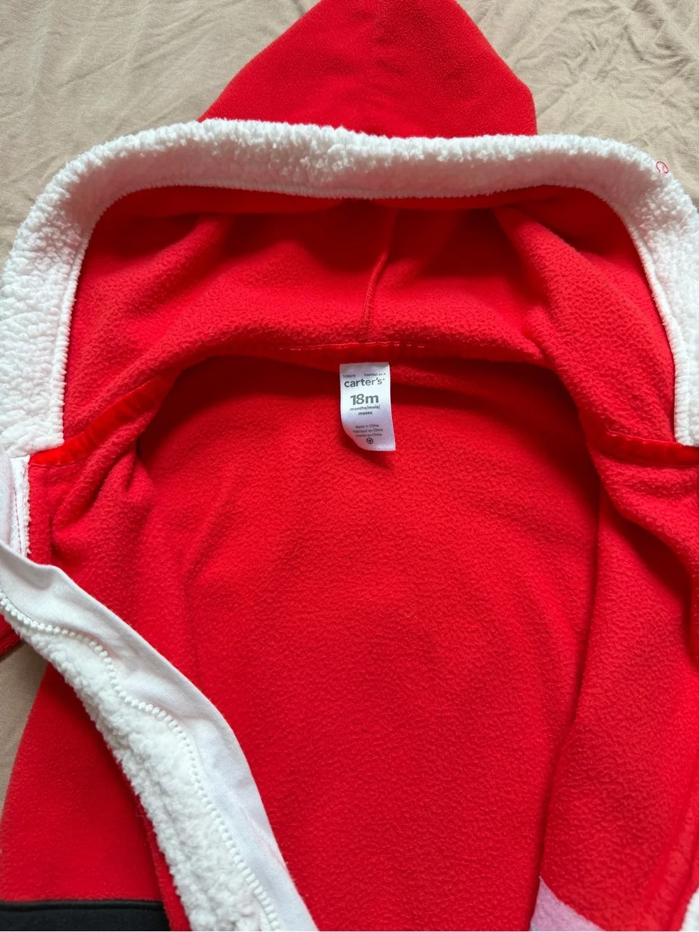 18M🎅 Carter’s Santa Sherpa Fleece Hooded Christmas One Piece Red White Jumpsuit